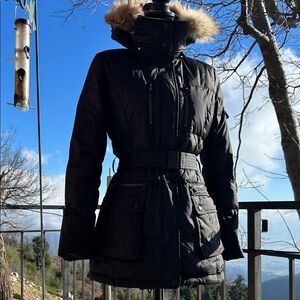 MARC NEW YORK Belted Puffer Parka w/Removable Coyote-Fur-Trimmed Hood, S